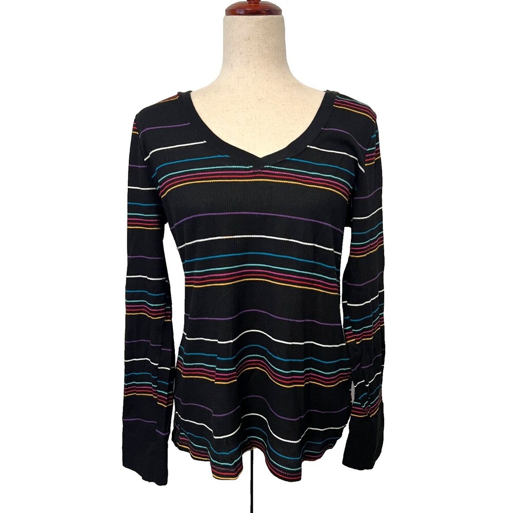 OP Ocean Pacific Women's XL V-Neck Thermal Top Y2K Black Rainbow Striped LS EUC